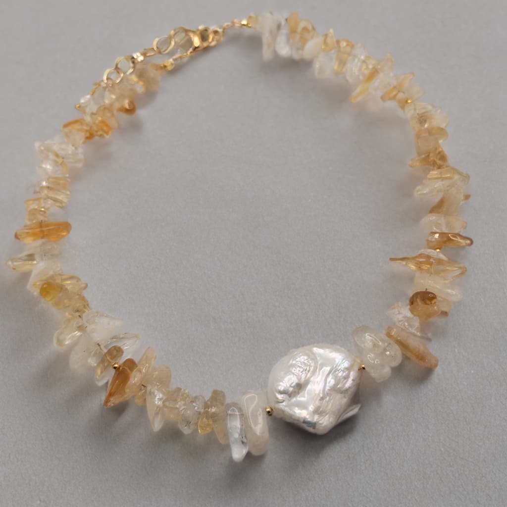 Citrine Chip and Baroque Pearl Necklace