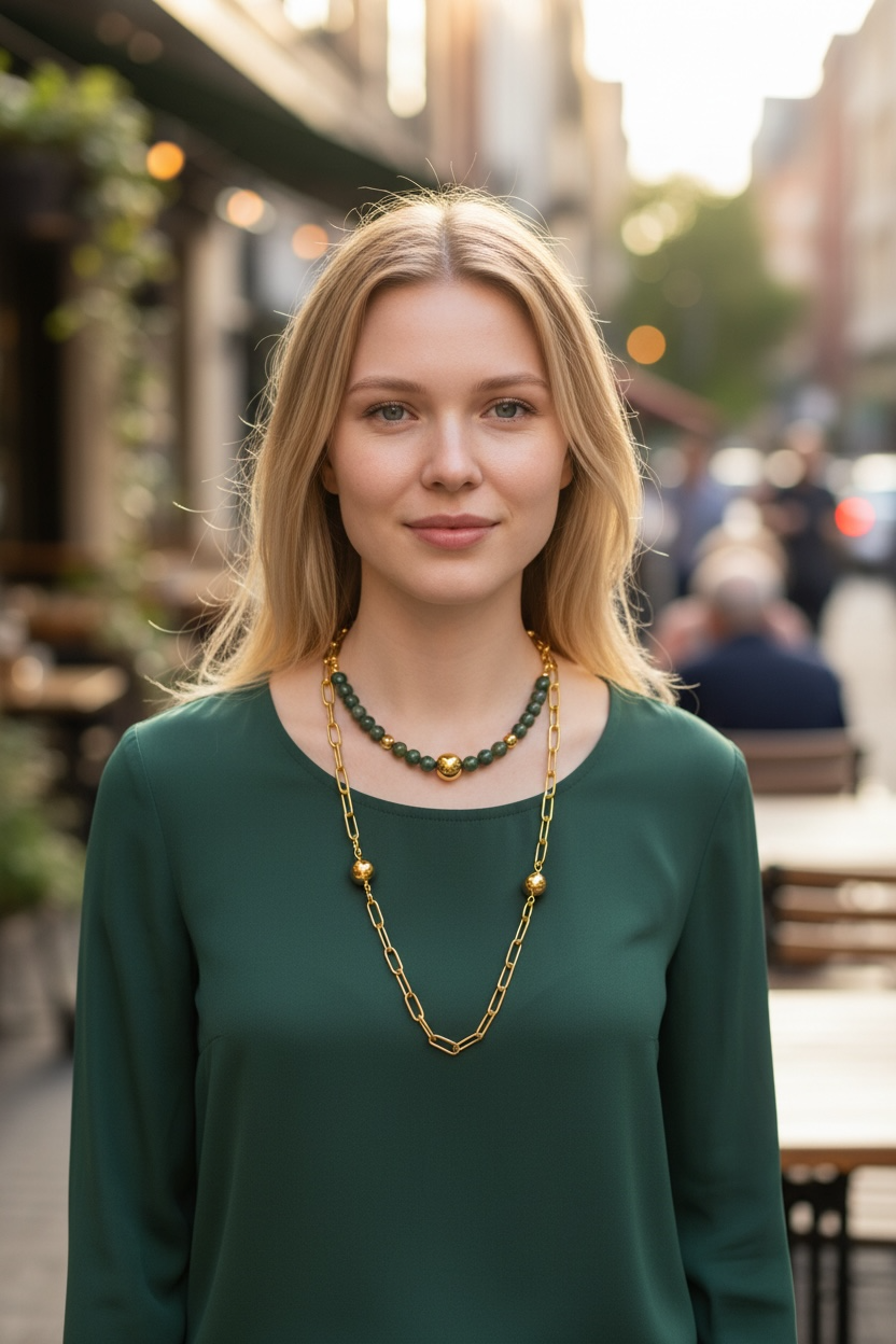 Beaded Jade and Paperclip Chain Necklace