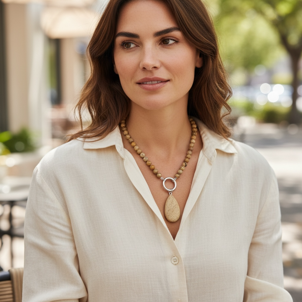 Hand Knotted Jasper and Pendant Necklace