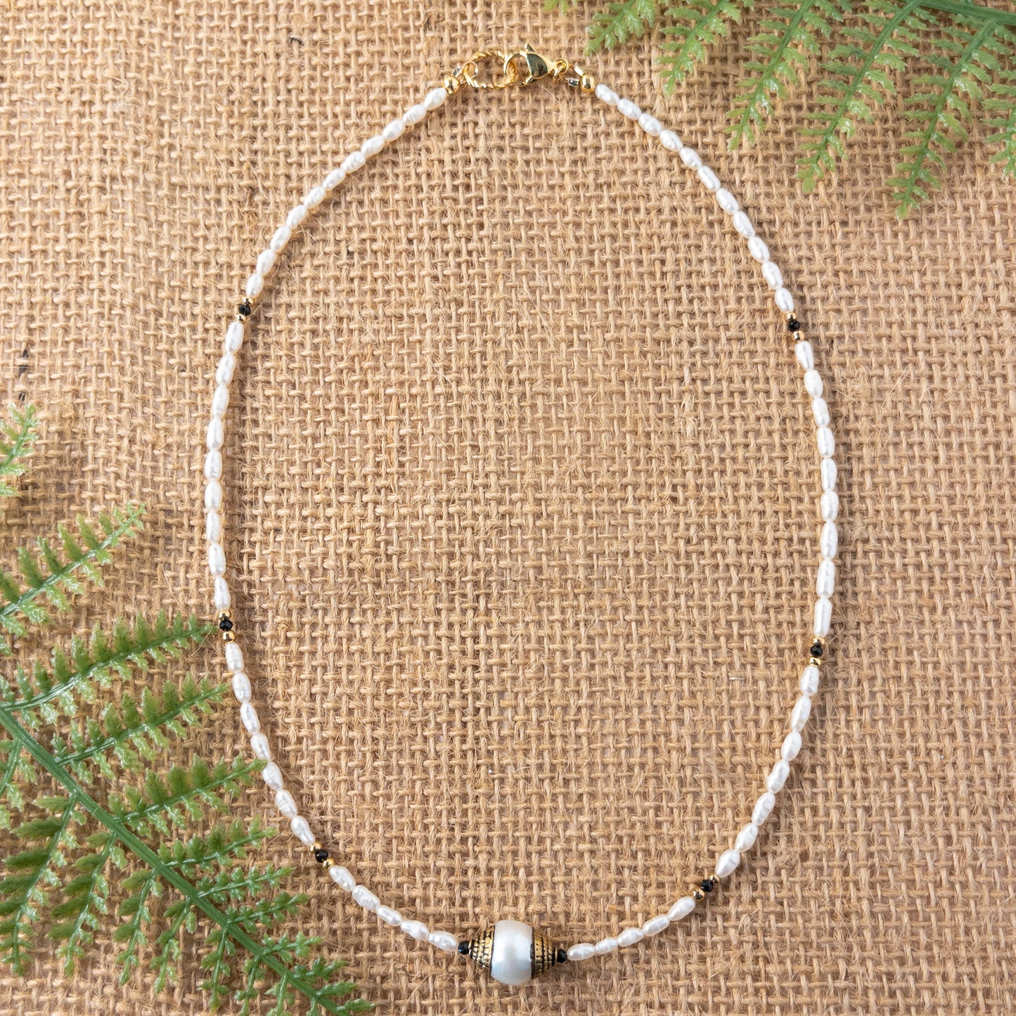Vintage Rice Pearl and Black Spinel Handcrafted Necklace