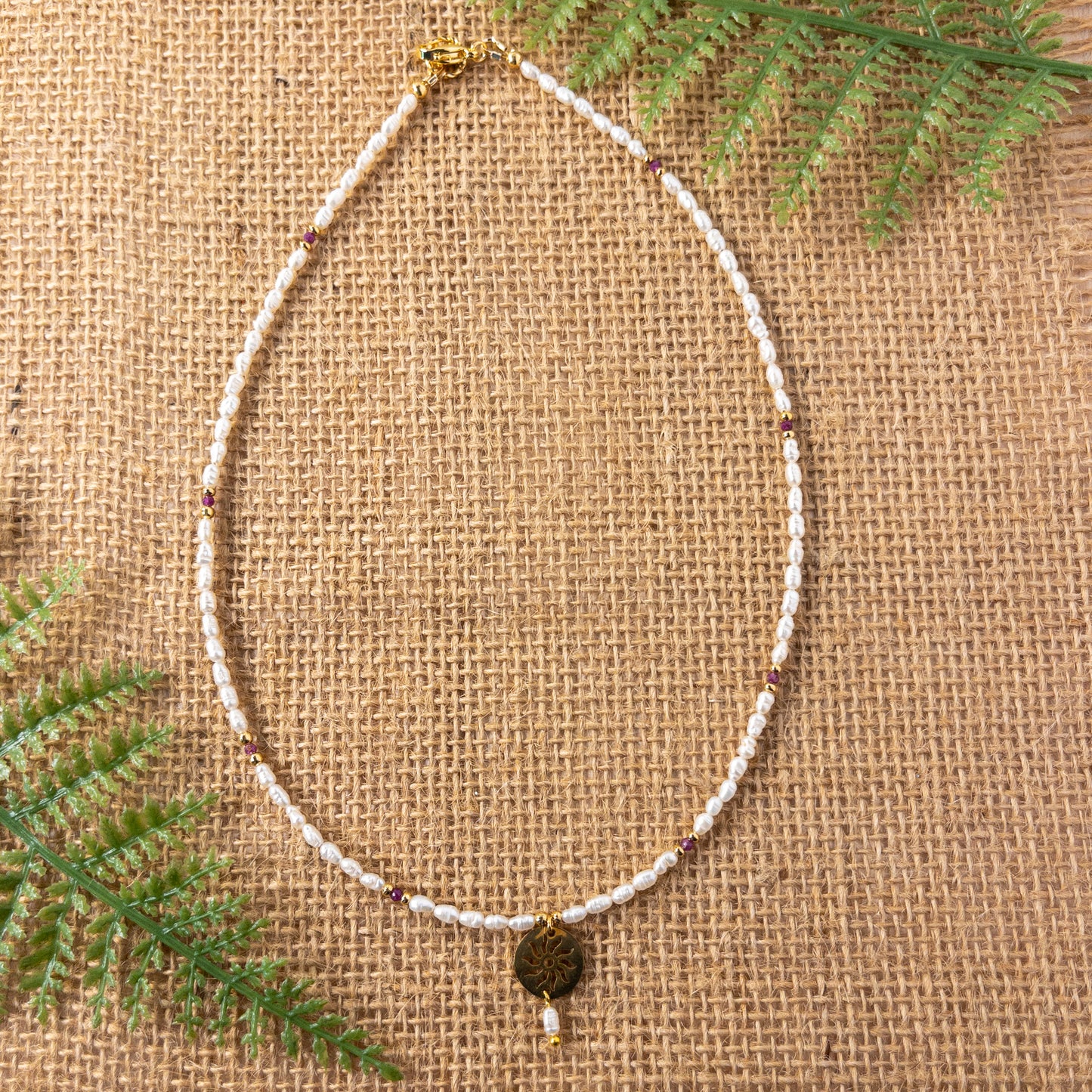 Vintage Rice Pearl and Garnet Handcrafted Necklace