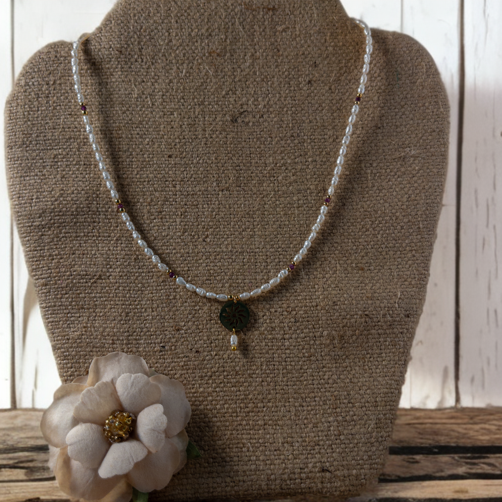 Vintage Rice Pearl and Garnet Handcrafted Necklace