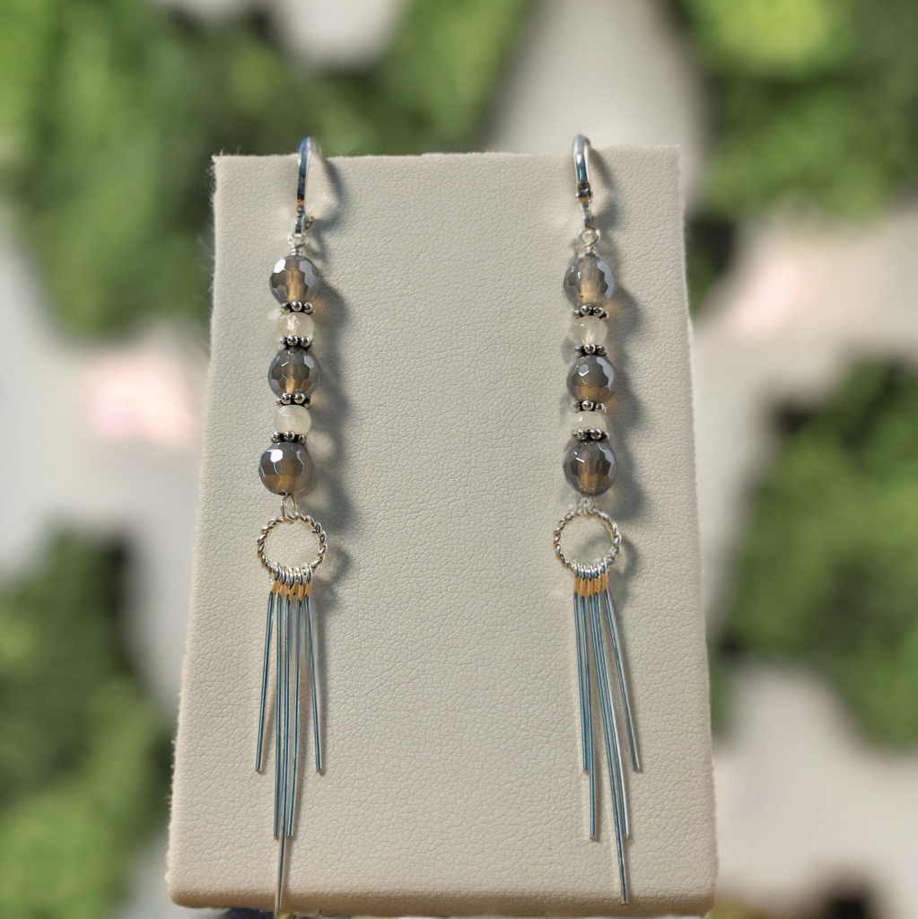 Smokey Quartz and Moonstone Gemstone Dangle Earrings