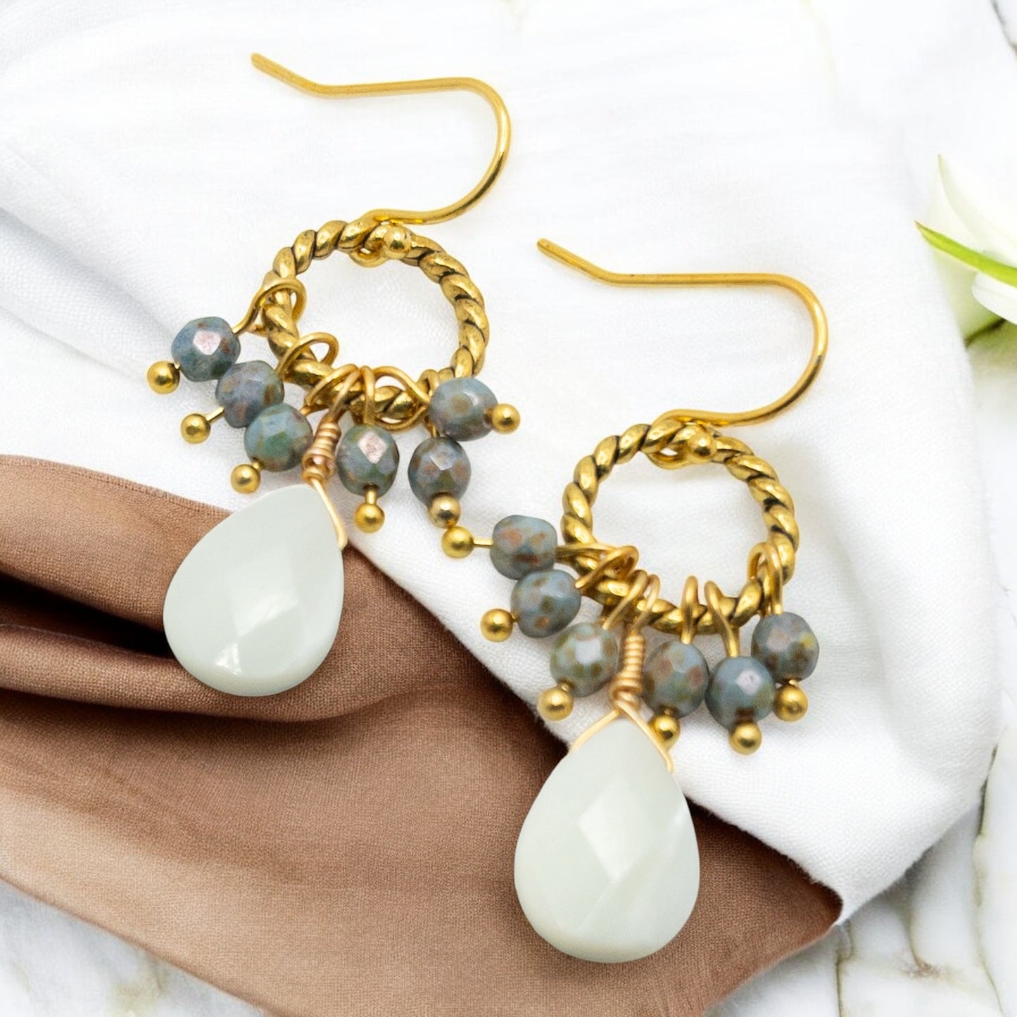 Mother of Pearl and Czech Glass Dangle Earrings