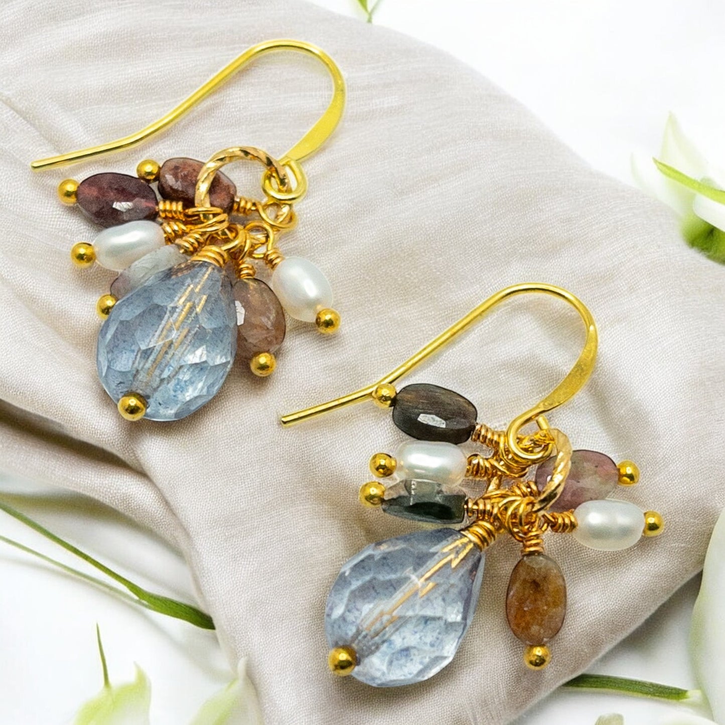 Blue Crystal and Tourmaline Dangle Earrings