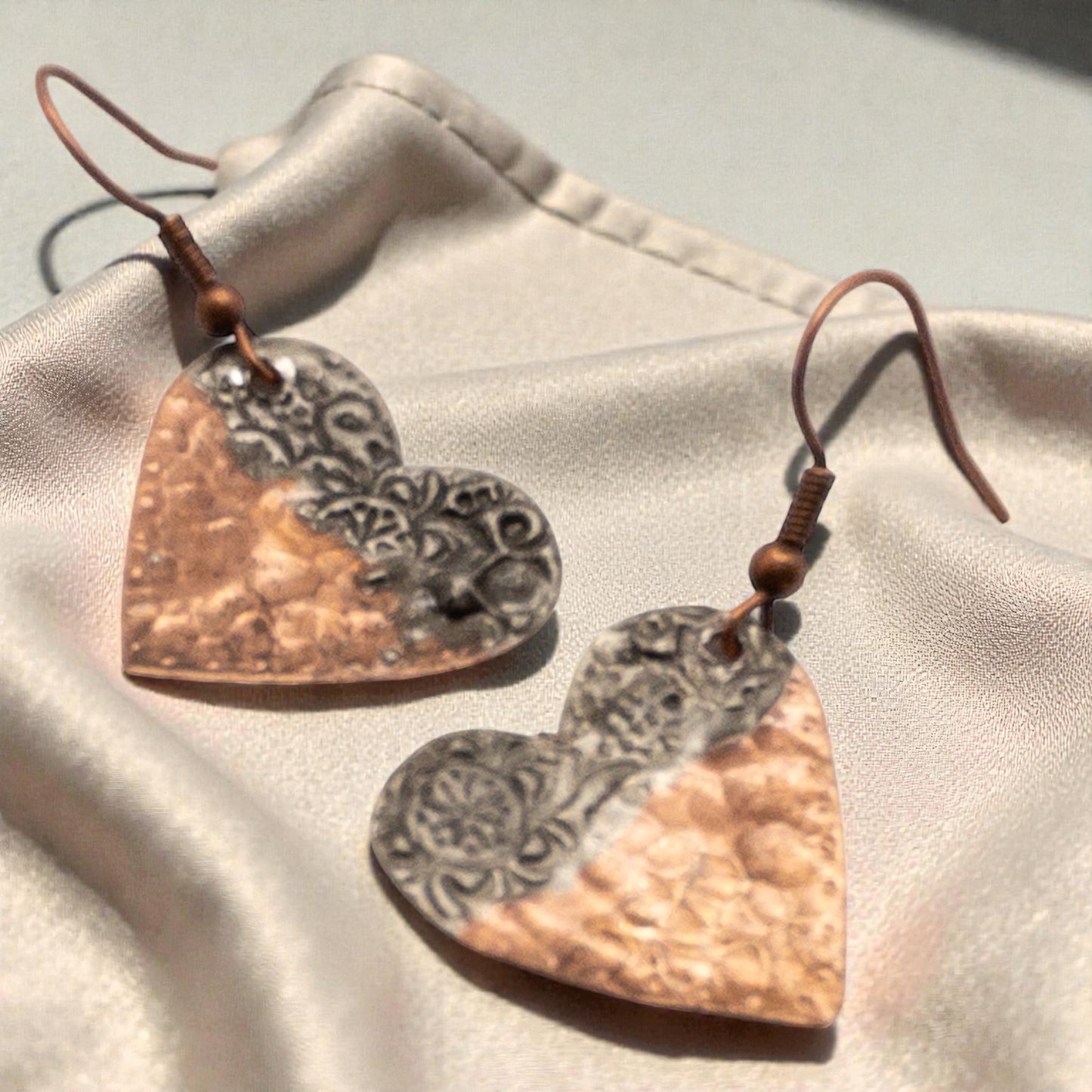 Hammered Copper Stamped Heart Earrings