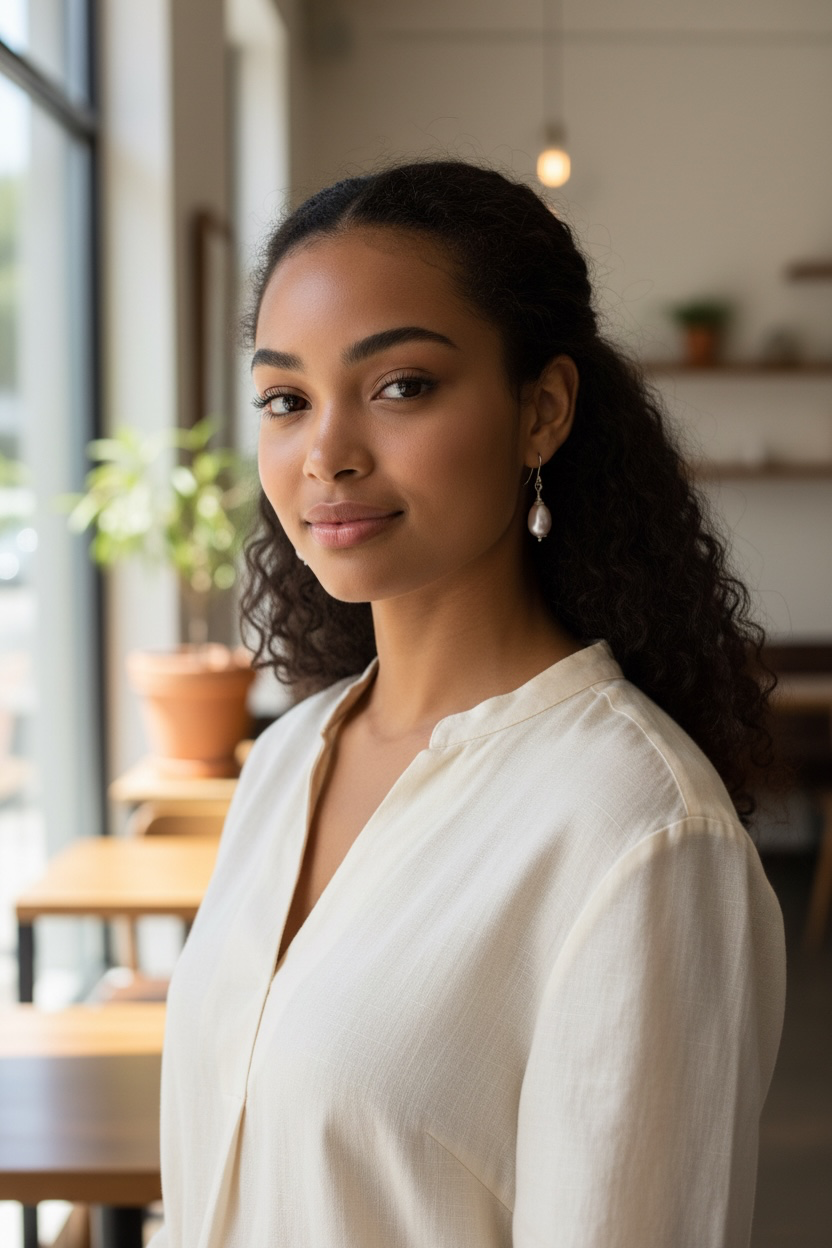 Woman in a white blouse standing in a casual indoor setting with grey teardrop pearl earrings