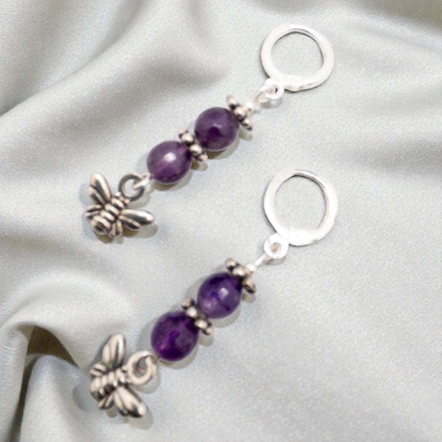 Amethyst and Bee Charm Dangle Earrings