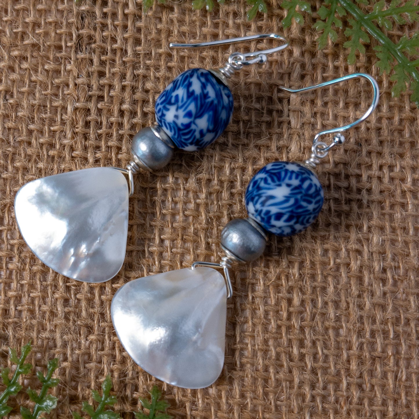 Mother of Pearl and Recycled Glass Bead Earrings