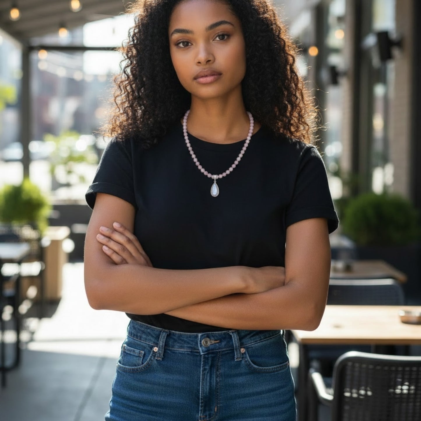 Blakeley Lane Jewelry beaded rose quartz teardrop pendant necklace worn by a woman in a black t-shirt outdoors