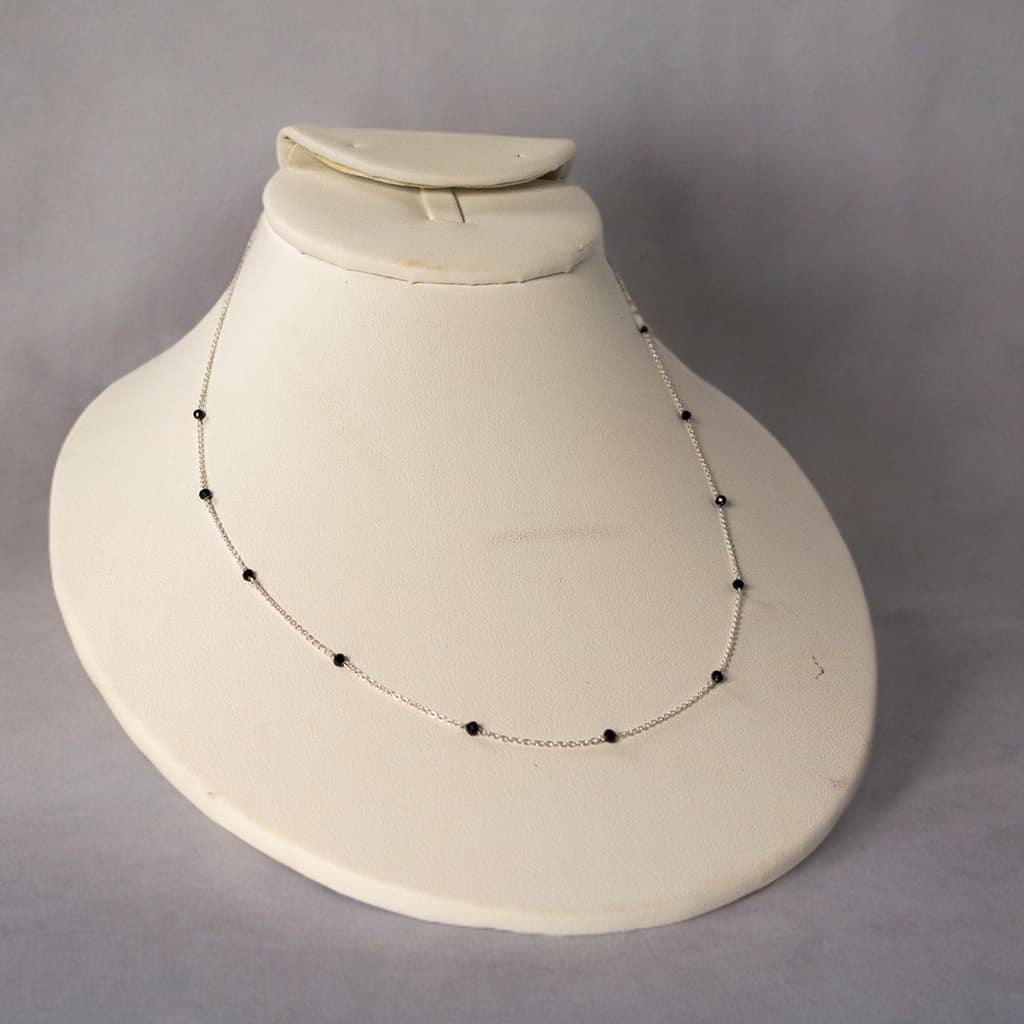 This necklace is 16 inches in length and is made with delicate sterling silver cable chain.  Small 3mm faceted black spinel bead are interspersed throughout the necklace