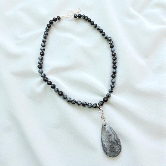 Larvikite Hand Knotted  and Laguna Lace Agate Pendant Necklace