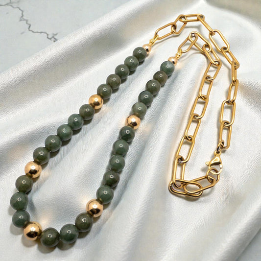 Beaded Jade and Paperclip Chain Necklace