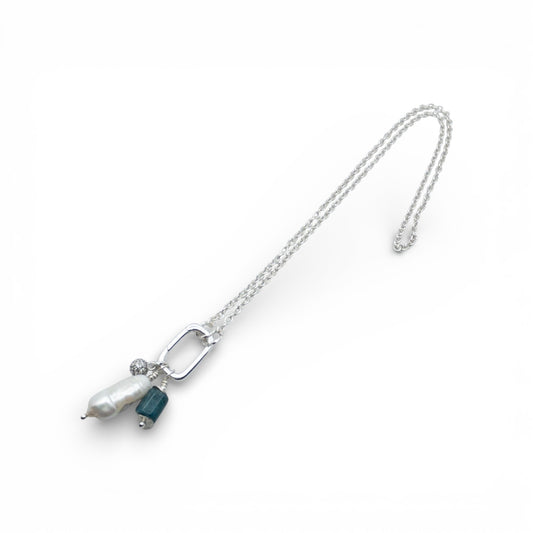 Biwa Pearl and Lapis Pendant Sterling Silver Necklace