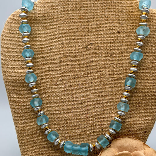 Sea Blue Recycled Glass Beaded Necklace