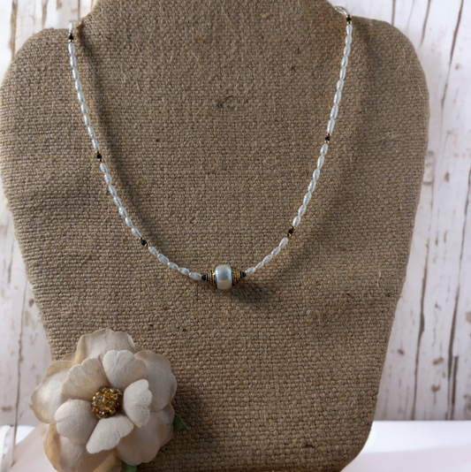 Vintage Rice Pearl and Black Spinel Handcrafted Necklace