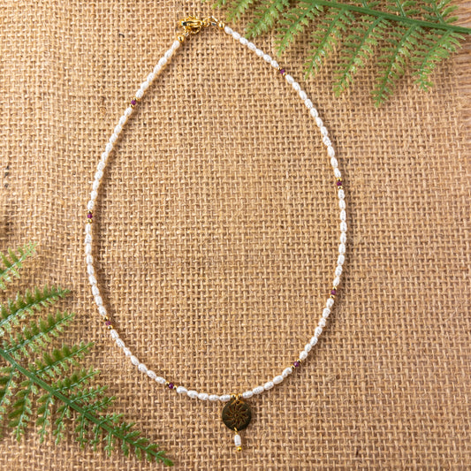 Vintage Rice Pearl and Garnet Handcrafted Necklace
