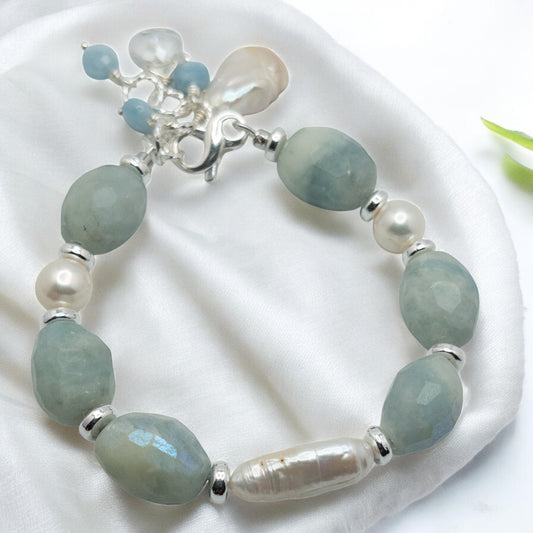 Aquamarine Nugget and Biwa Pearl Bracelet