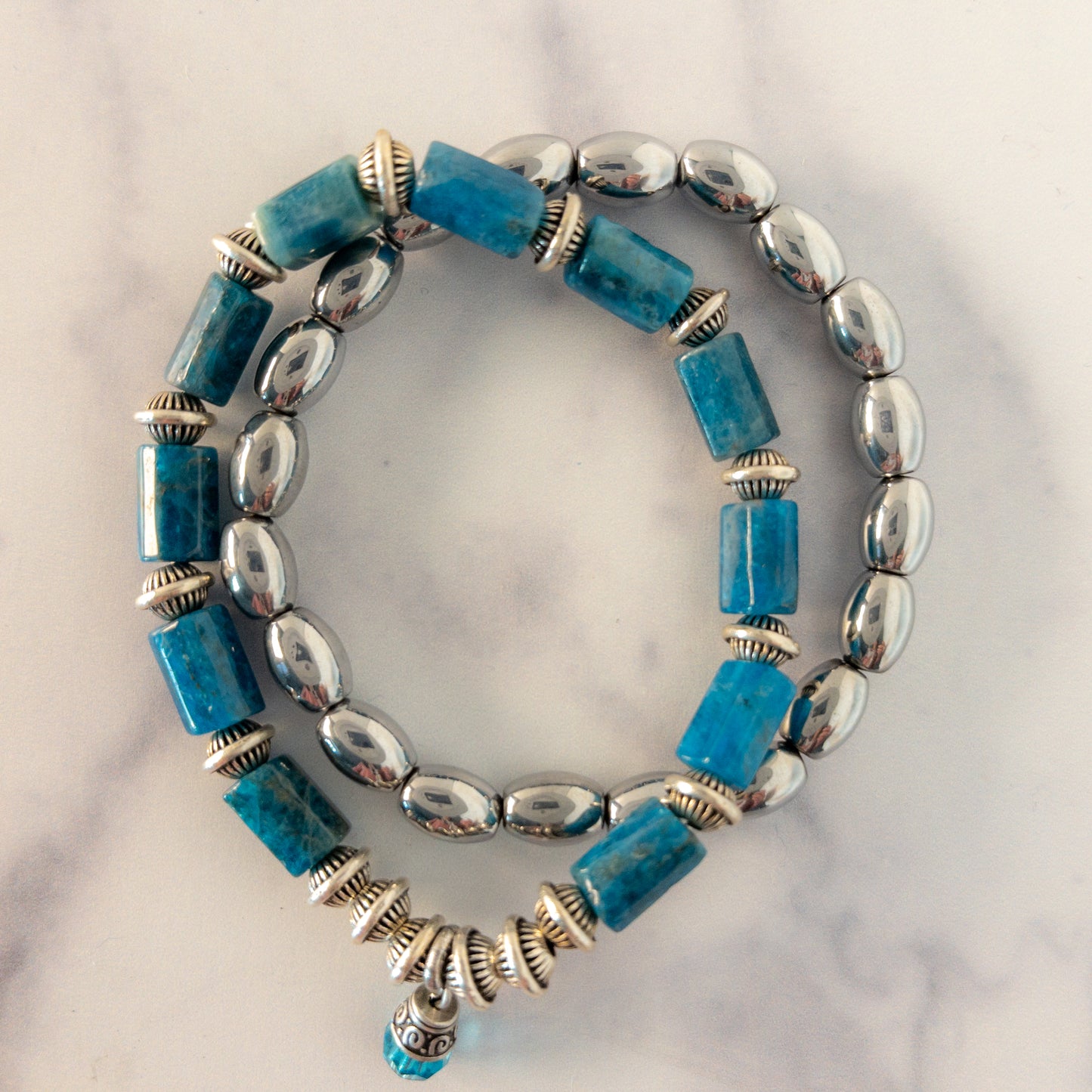 Apatite and Hematite Natural Gemstone Stretch Bracelet Set