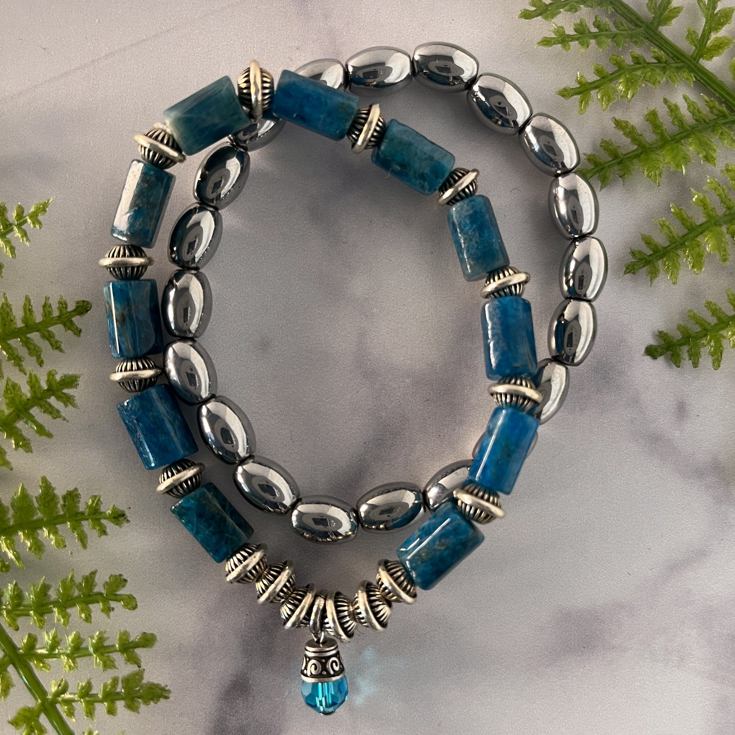 Apatite and Hematite Natural Gemstone Stretch Bracelet Set