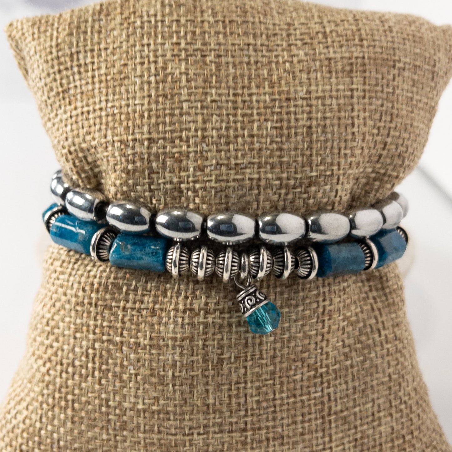 Apatite and Hematite Natural Gemstone Stretch Bracelet Set