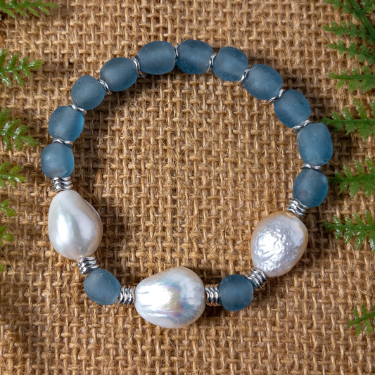 Recycled Blue Glass & Pearl Bracelet