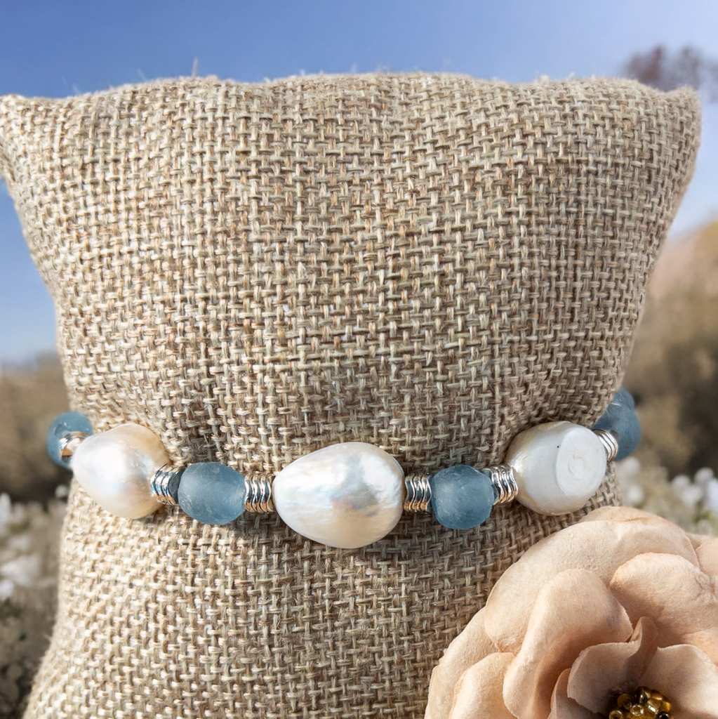 Recycled Blue Glass & Pearl Bracelet