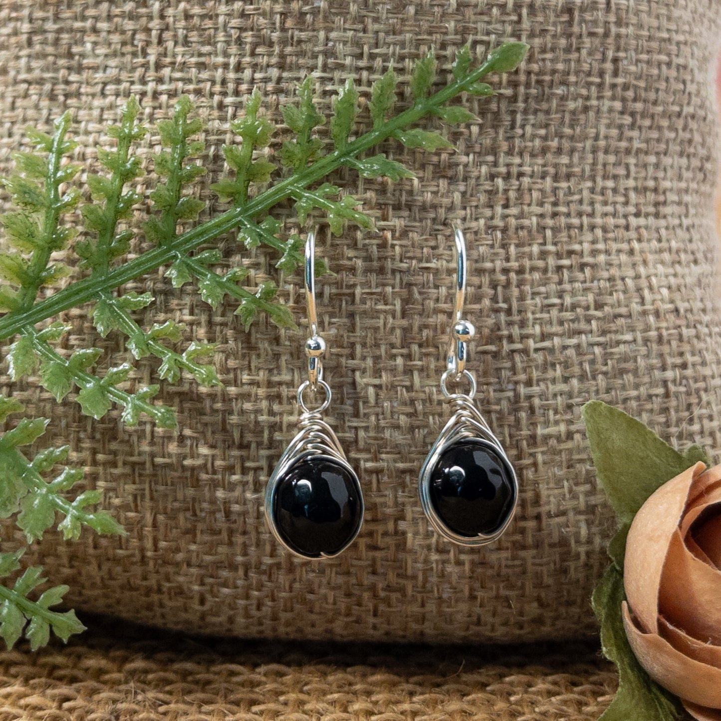 Black Onyx  Herringbone Weave Dangle Earrings