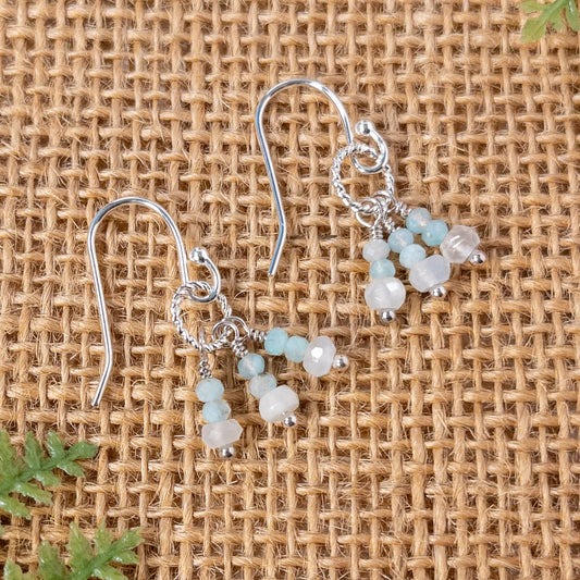 These are approximately .75 inches in length and are made from small moonstone and apatite gemstones.  
