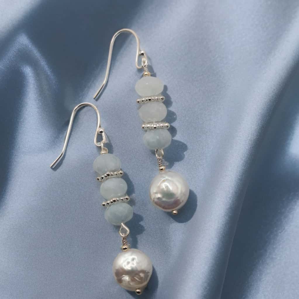 Aquamarine and coin pearl handmade gemstone earrings