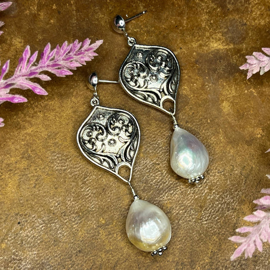 Fancy Shield Pearl Drop Earrings