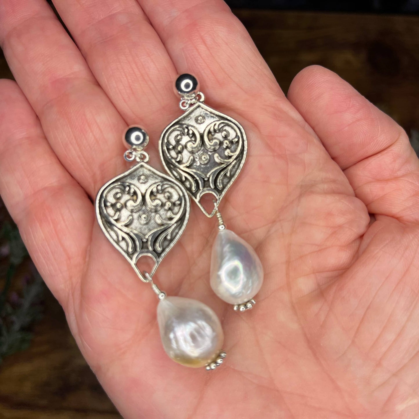 Fancy Shield Pearl Drop Earrings