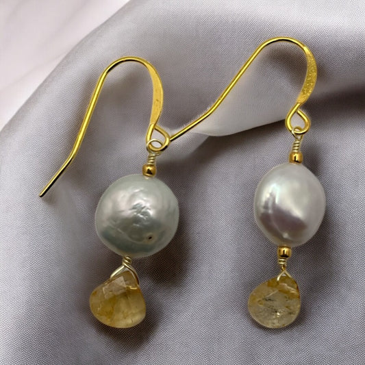 Coin Pearl and Citrine Earrings