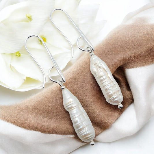 Elegant Biwa Drop Pearl Earrings