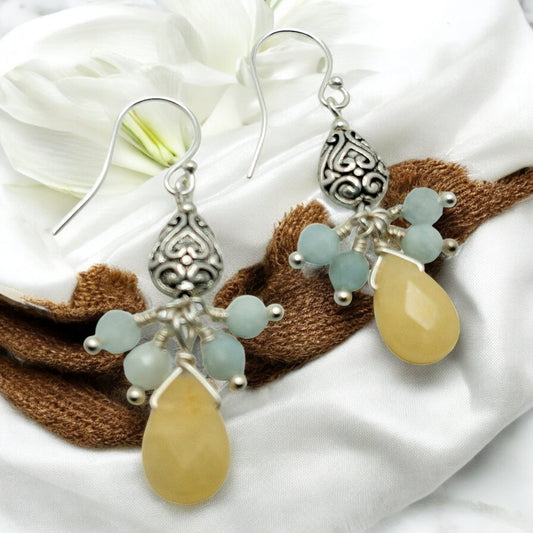 Yellow Jade and Aquamarine Dangle Earrings