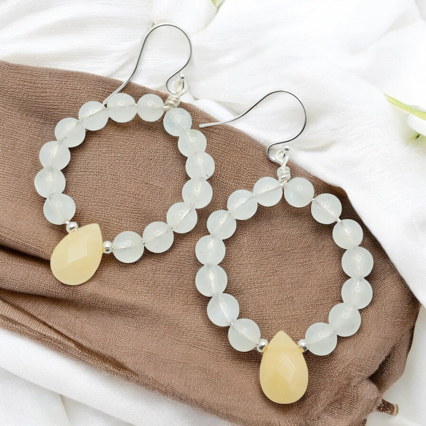 Blue Moonstone and Yellow Jade Hoop Earrings