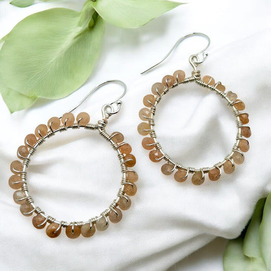 Peach Moonstone Wire Wrapped Hoops