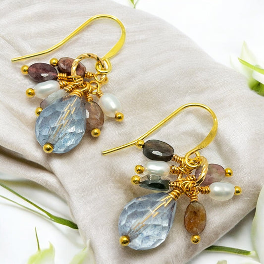 Blue Crystal and Tourmaline Dangle Earrings