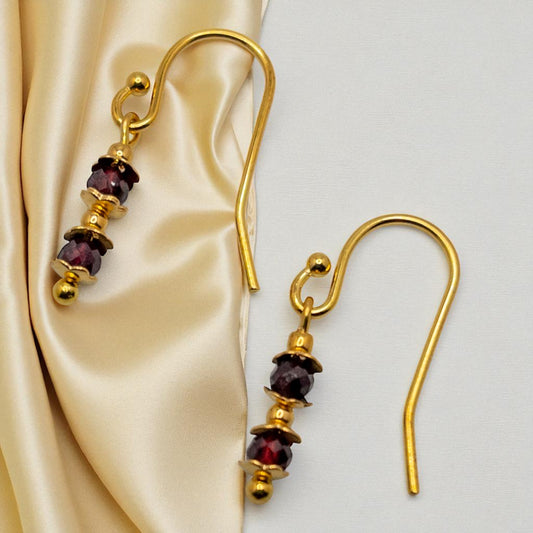 Gold fish hook ear wires with faceted garnet beads