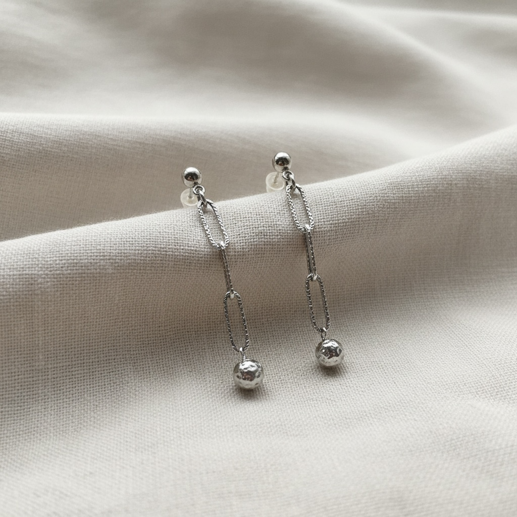 Stainless Steel Paper Clip Chain and Hammered Ball Earrings