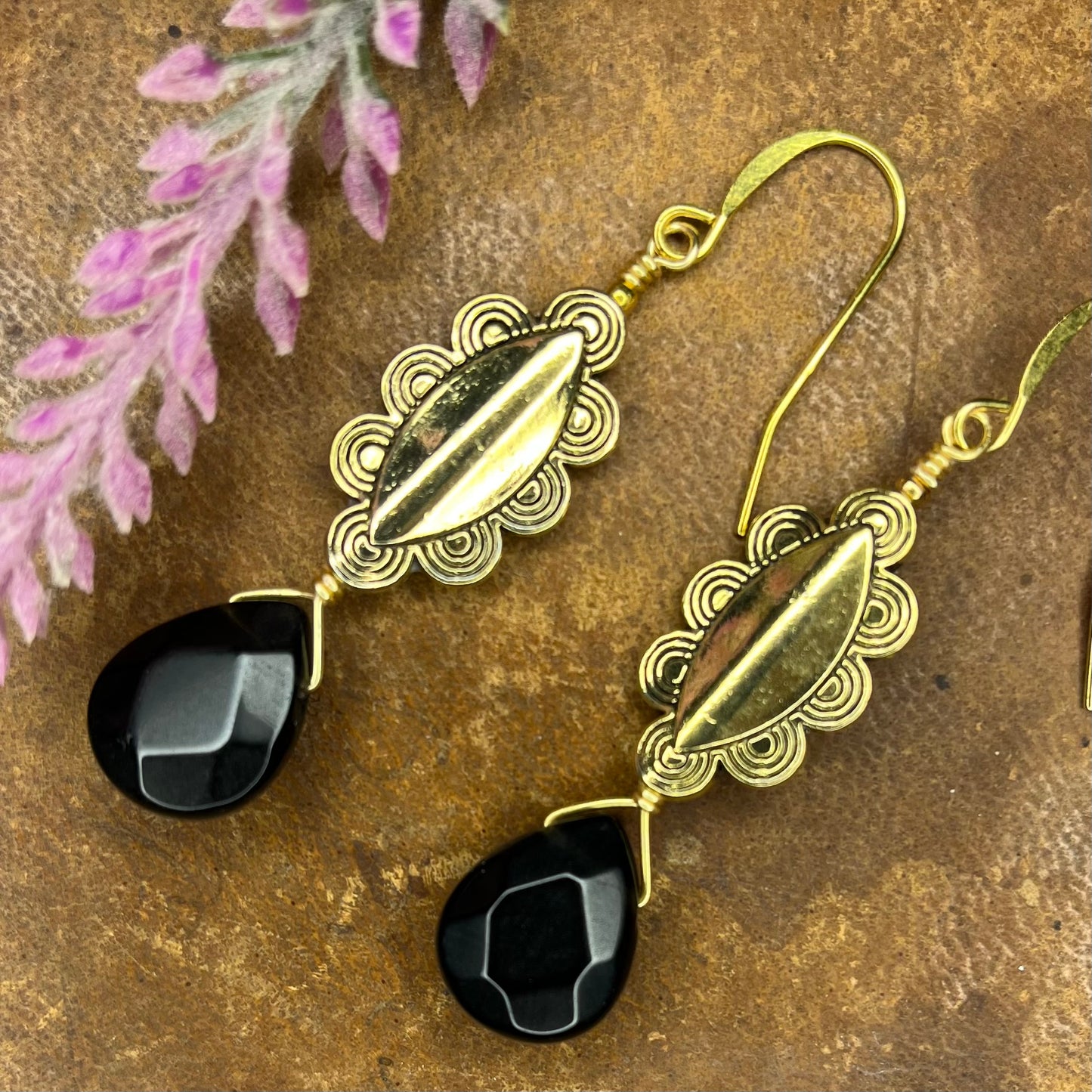 Black Obsidian & Gold Tone Earrings