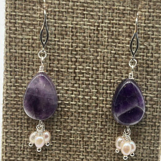 Amethyst Natural Gemstone and Pearl Earrings