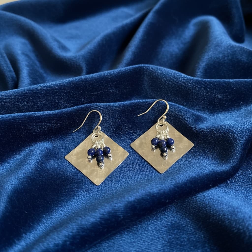 Hammered Metal and Lapis Earrings