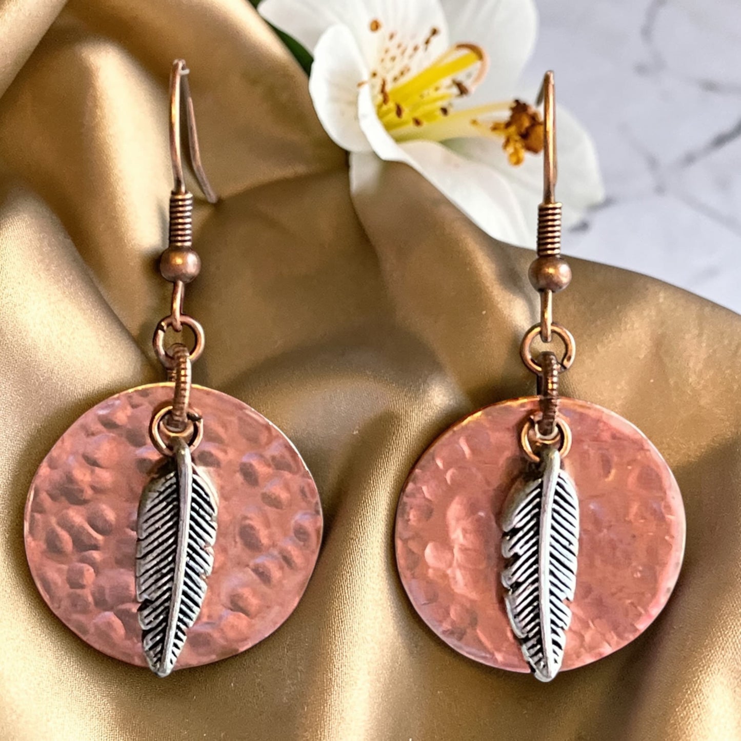 Hammered Copper and Feather Pendant Earrings
