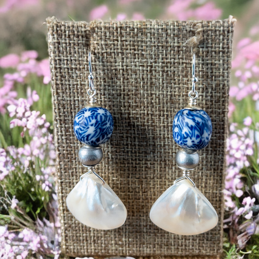 Mother of Pearl and Recycled Glass Bead Earrings