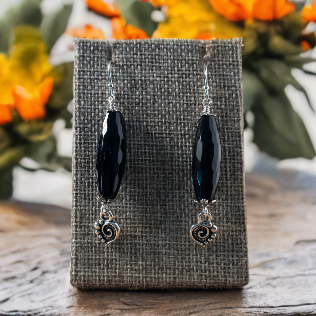 Black Rice Shaped Faceted Agate Statement Earrings