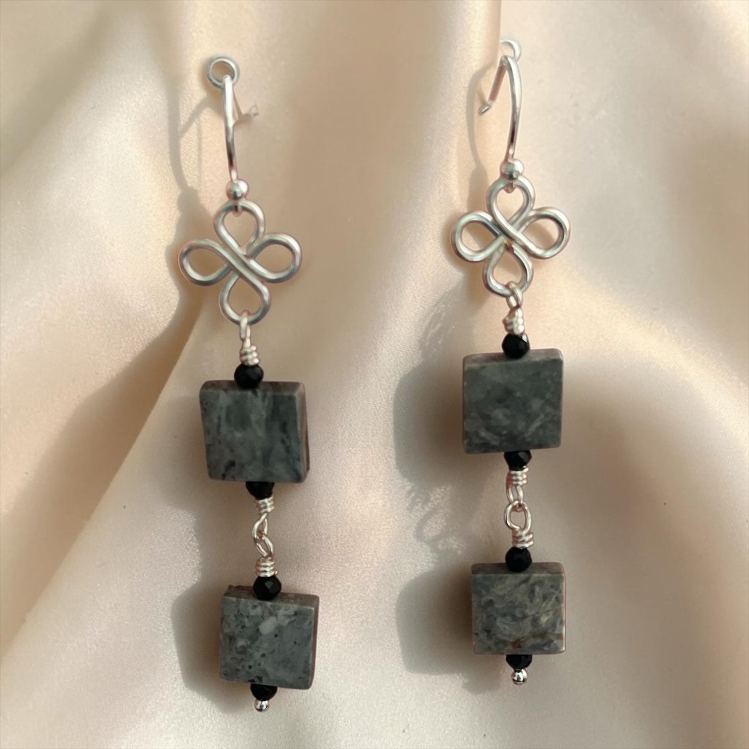 Blakeley Lane Jewelry geometric drop earrings with square grey stone beads, black spacers, and silver-tone wire knots.