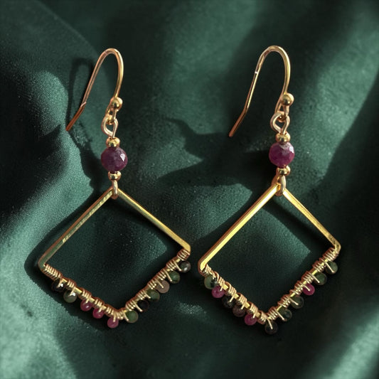 Blakeley Lane Jewelry handcrafted gold square drop earrings with multi-colored tourmaline beads and ruby accents.