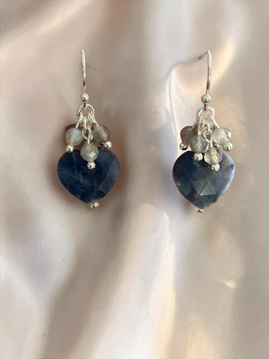 Blakeley Lane Jewelry heart-shaped blue gemstone drop earrings with grey accent beads set in sterling silver.