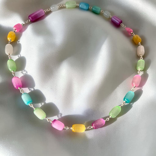 Blakeley Lane Jewelry multicolor beaded statement necklace with cylindrical beads and silver-tone hardware.